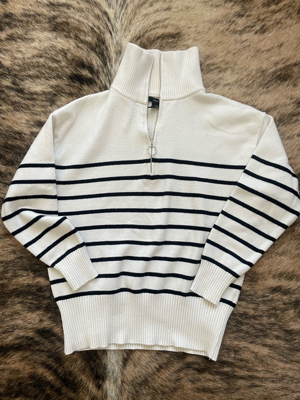 Forever 21 Cotton Striped Funnel Neck Quarter Zip Sweater S